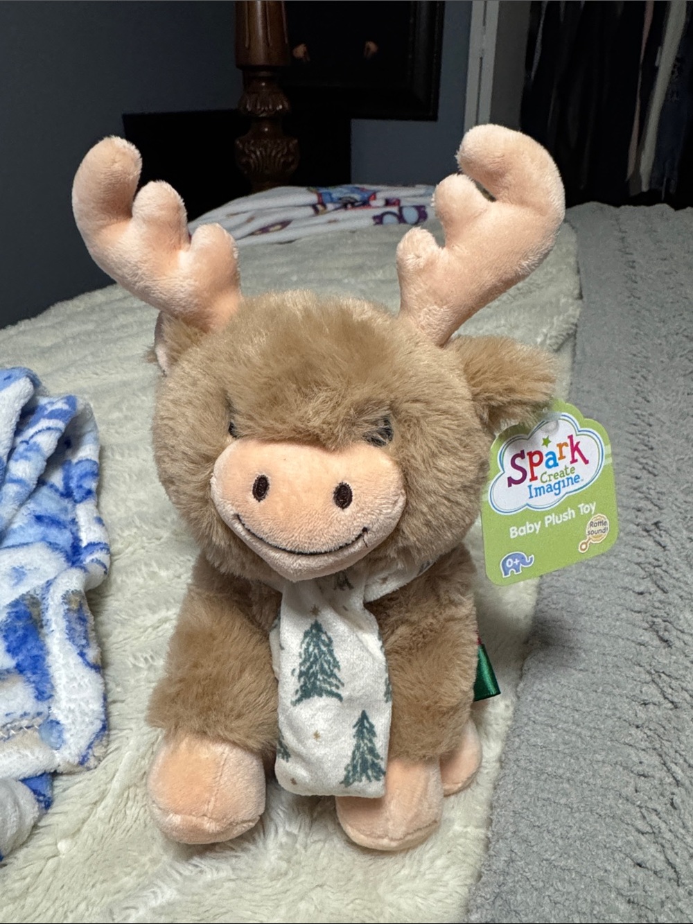 Spark Creat Imagine NWT Brown Plush Moose Toy with Scarf - Kids Toy Rattle Sound